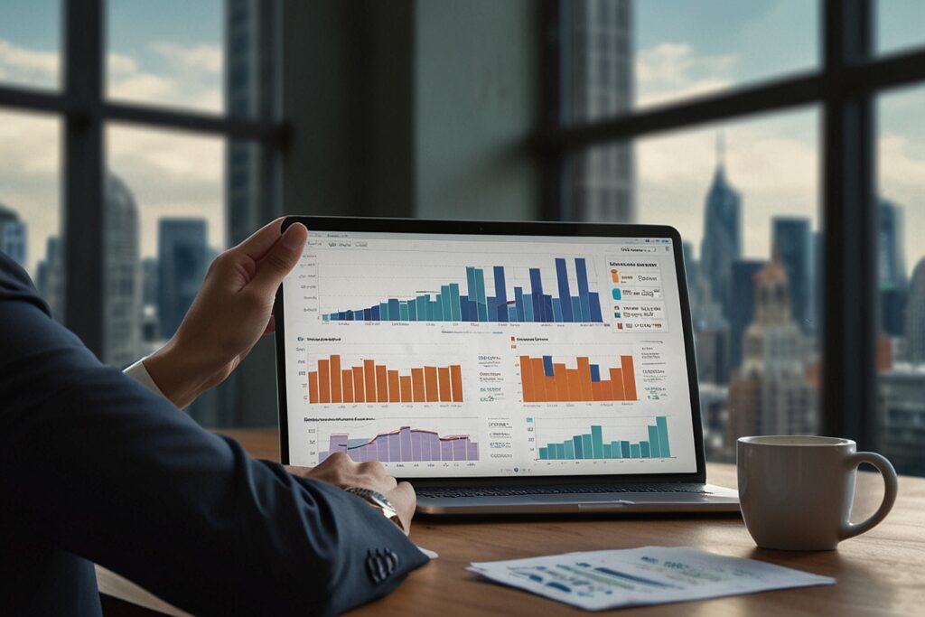 Melhores ações para investir iniciantes: Guia essencial para começar no mercado de capitais em 2025 A imagem mostra um indivíduo de terno, sentado em uma mesa de madeira, de costas para quem vê, com o braço esquerdo estendido e a mão ligeiramente levantada, como se estivesse apontando ou gesticulando em direção à tela de um laptop. O laptop está aberto à sua frente e exibe vários gráficos e dados coloridos, sugerindo uma análise de negócios ou dados.À direita do laptop, há uma caneca branca. Na parte inferior direita da imagem, pode-se ver parte de um documento com gráficos.O fundo da imagem, desfocado, revela uma vista panorâmica de uma cidade com arranha-céus, visível através de uma grande janela. O ambiente geral parece ser um escritório ou um espaço de trabalho.