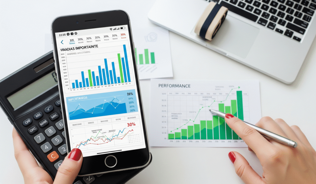 Entenda a Diferença entre Renda Fixa e Renda Variável
Esta é uma foto de cima mostrando um smartphone com calculadora sobre gráficos financeiros (barras azuis e verdes, calendário com marcações, percentagens). Um portátil cinzento aparece no canto superior esquerdo e uma mão segura um lápis apontando para um gráfico verde. A imagem sugere análise de dados e planeamento financeiro.